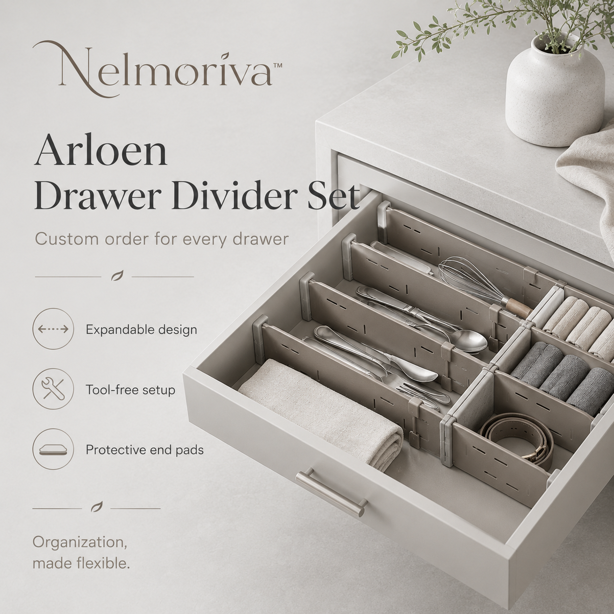 Nelmoriva™ Arloen Adjustable Drawer Divider Set - Expandable Kitchen & Dresser Organizers
