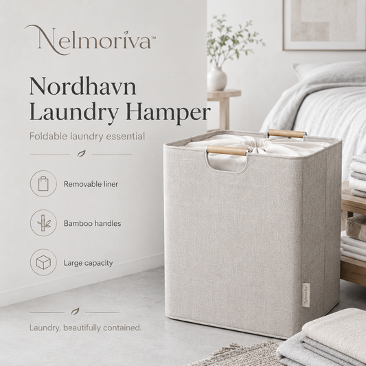 Nelmoriva™ Nordhavn Foldable Laundry Hamper - Large Fabric Basket with Bamboo Handles