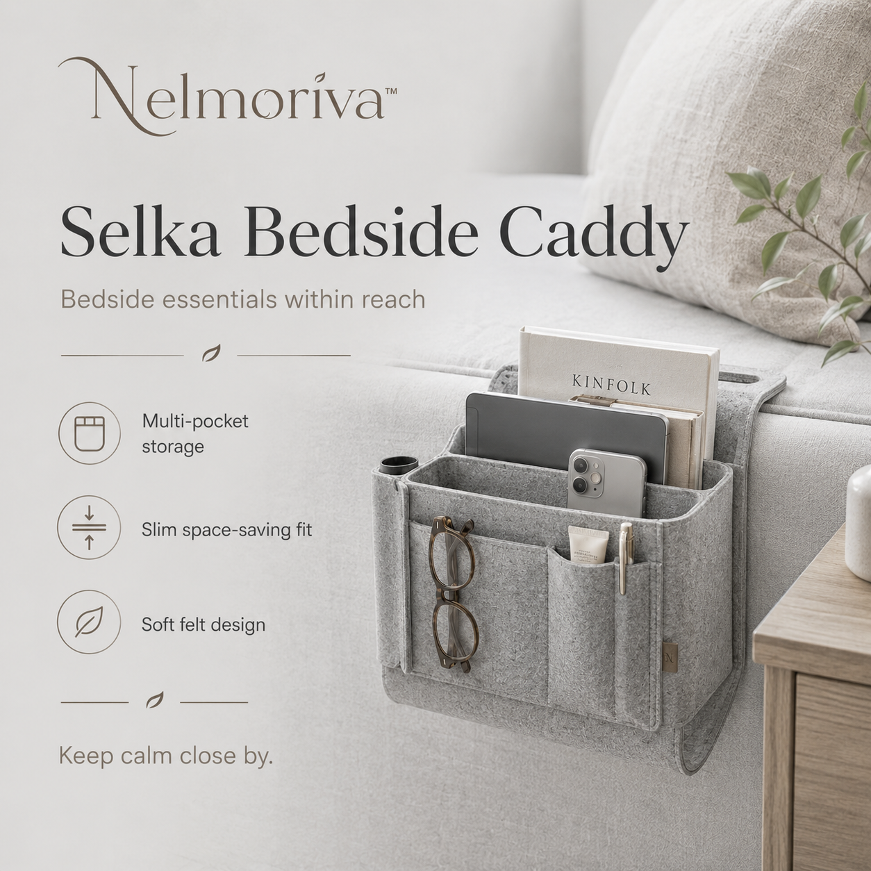 Nelmoriva™ Selka Bedside Storage Caddy - Felt Bed Organizer for Books, Tablet & Phone