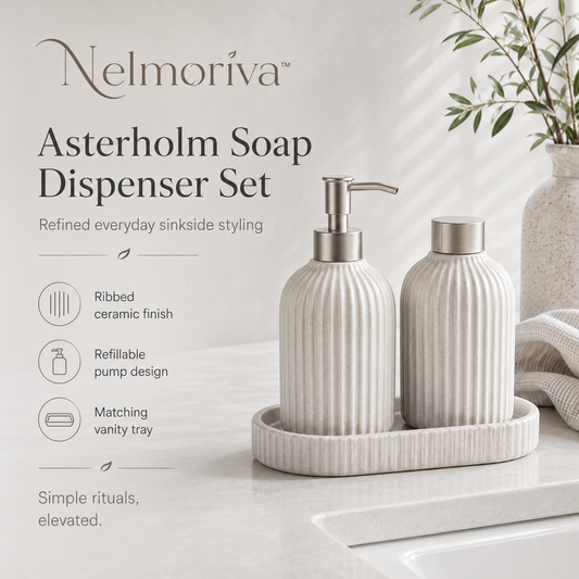 Nelmoriva™ Asterholm Ribbed Ceramic Soap Dispenser Set - Modern Lotion Pump & Vanity Tray