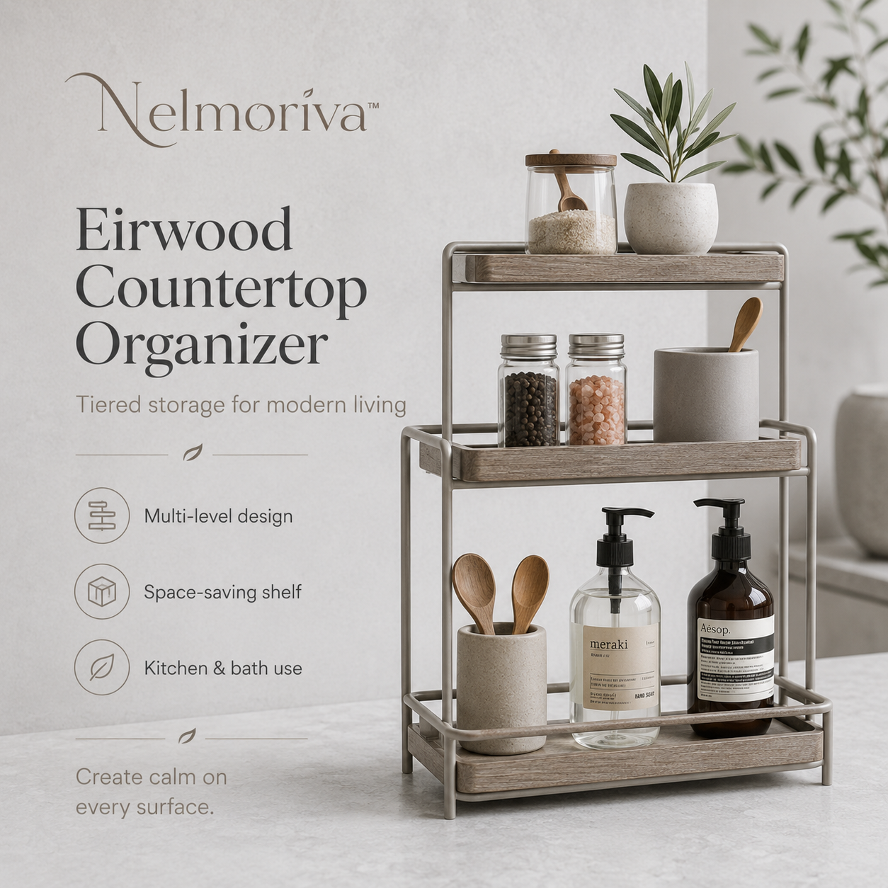 Nelmoriva™ Eirwood Multi-Level Countertop Organizer - Modern Kitchen & Bathroom Storage Shelf